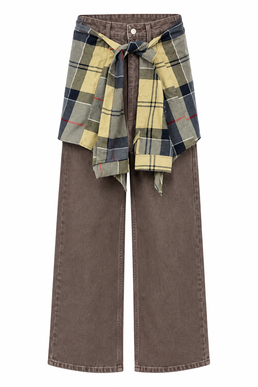 Kahverengi Ekose Kuşak Bağlamalı Wide Leg Jean