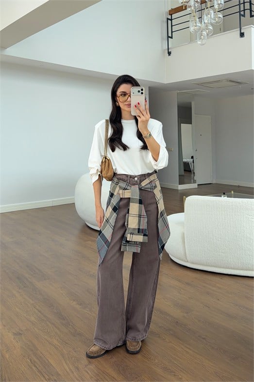 Kahverengi Ekose Kuşak Bağlamalı Wide Leg Jean
