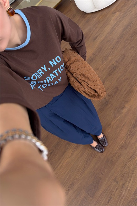 Kahverengi Kontrast Yaka Sorry Uzun Kol Tshirt