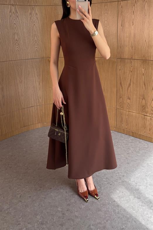 Kahverengi Minimal Midi Elbise