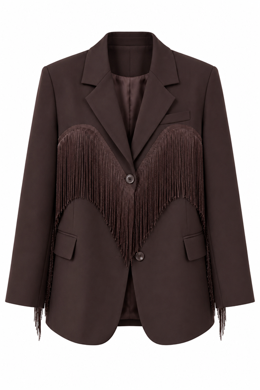 Kahverengi Püskül Detaylı Oversize Blazer Ceket
