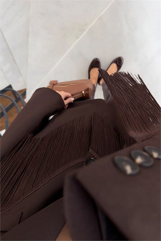 Kahverengi Püskül Detaylı Oversize Blazer Ceket