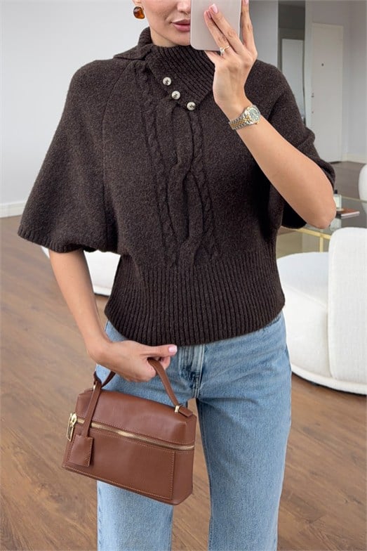Kahverengi Retro Stil Yüksek Yaka Saç Örgü Triko Bluz
