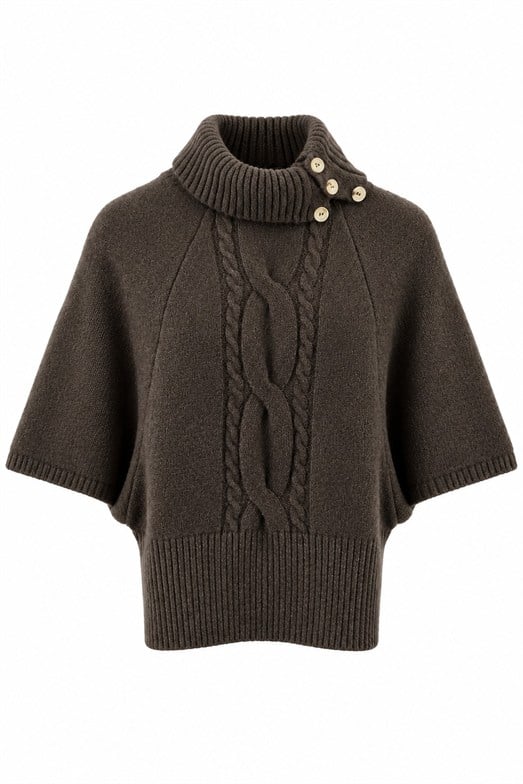 Kahverengi Retro Stil Yüksek Yaka Saç Örgü Triko Bluz