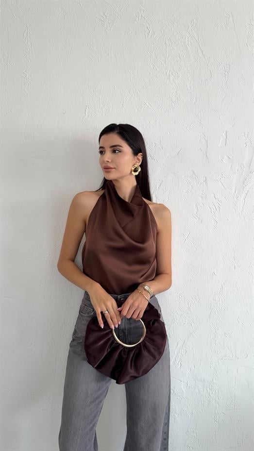 Kahverengi Saten Bluz