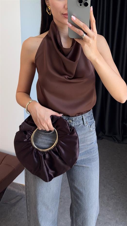 Kahverengi Saten Bluz