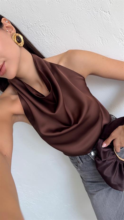 Kahverengi Saten Bluz