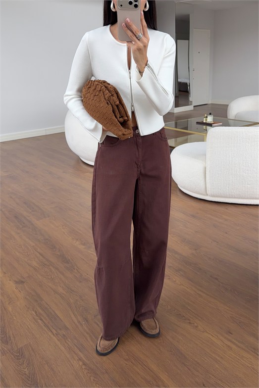 Kahverengi Soft Barrel Denim Pantolon