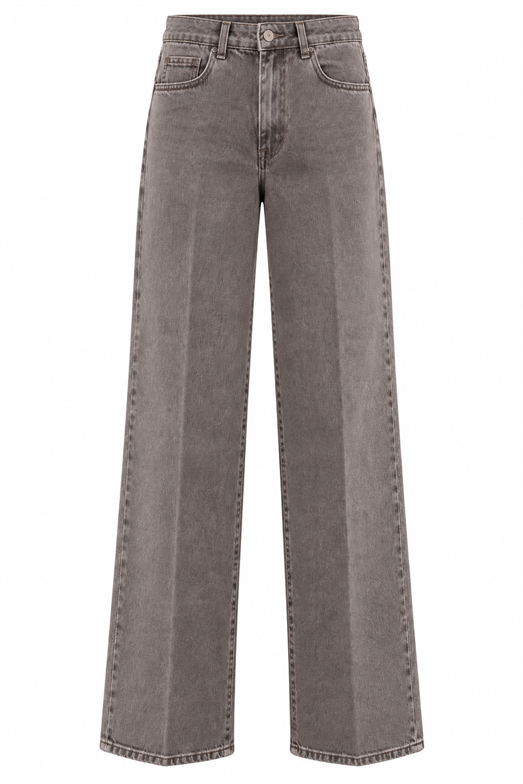 Kahverengi Yıkamalı Ütü İzli Wide Leg Jean