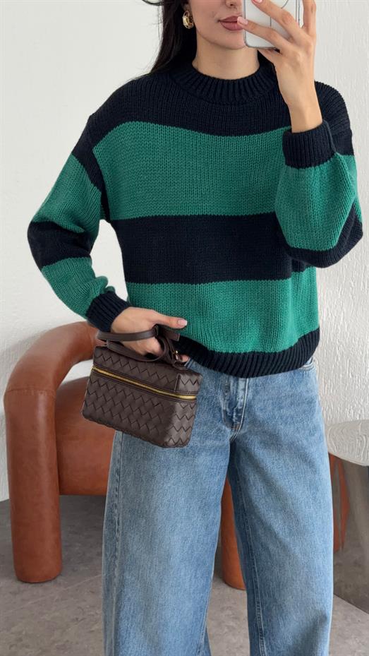 Kalın Çizgili Yeşil Kazak