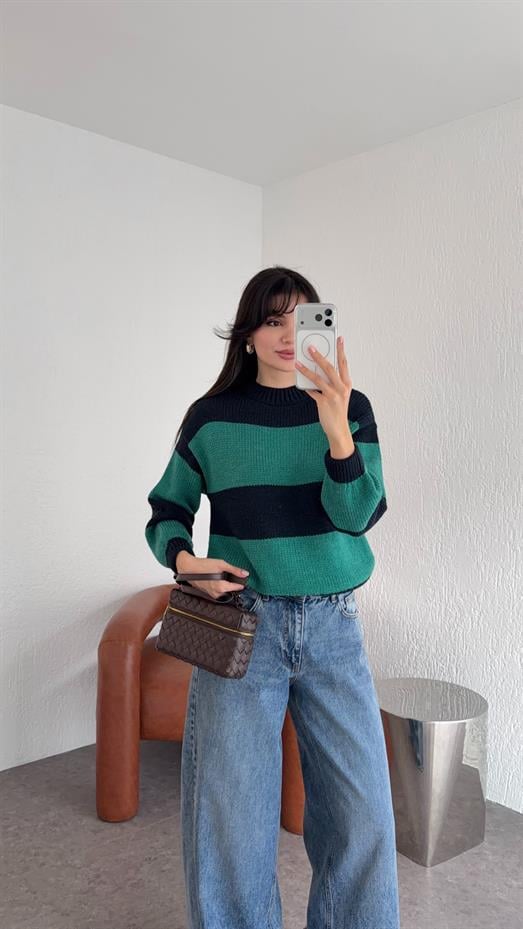 Kalın Çizgili Yeşil Kazak