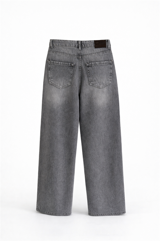 Kar Yıkama Gri Wide Leg Kesik Paça Jean