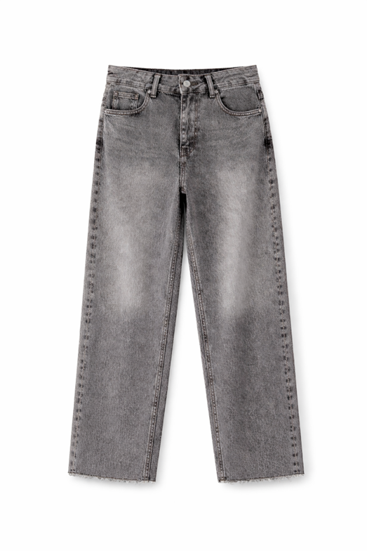 Kar Yıkama Gri Wide Leg Kesik Paça Jean