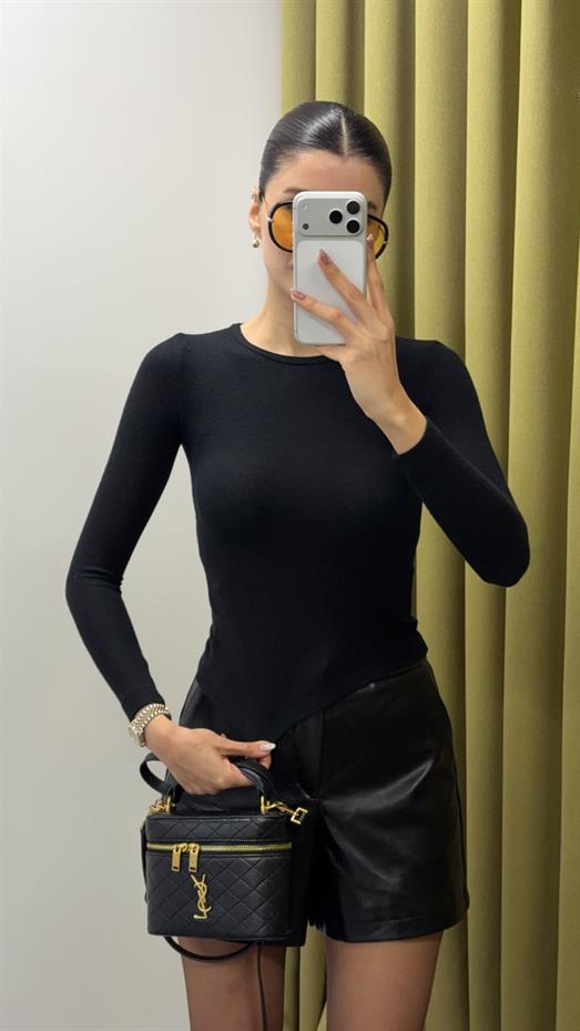 Kaşmir Dokulu Siyah Basic Bluz