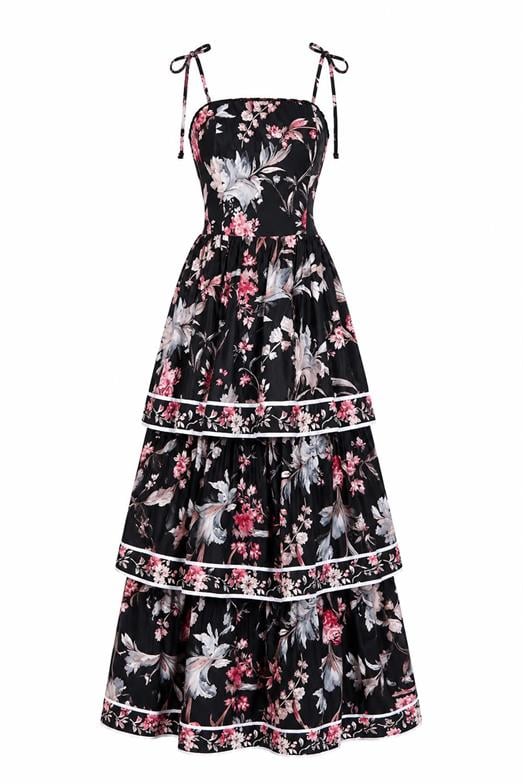 Katlı Siyah Floral Elbise