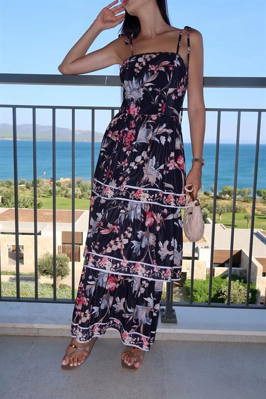 Katlı Siyah Floral Elbise