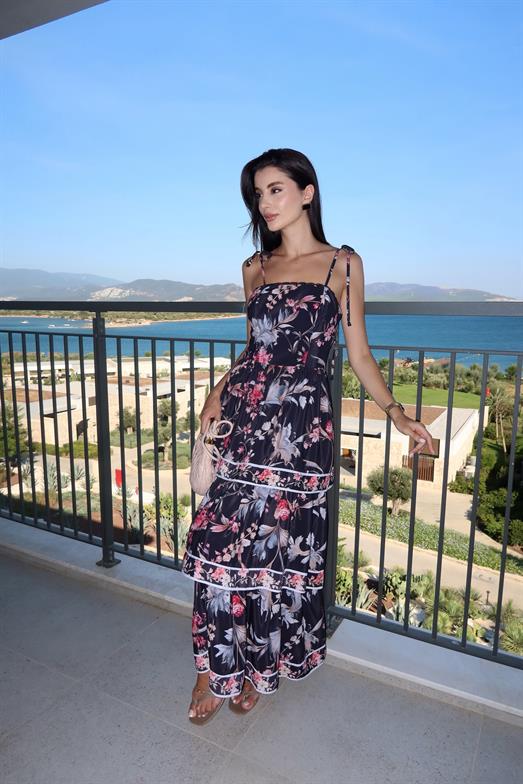 Katlı Siyah Floral Elbise