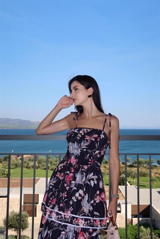 Katlı Siyah Floral Elbise