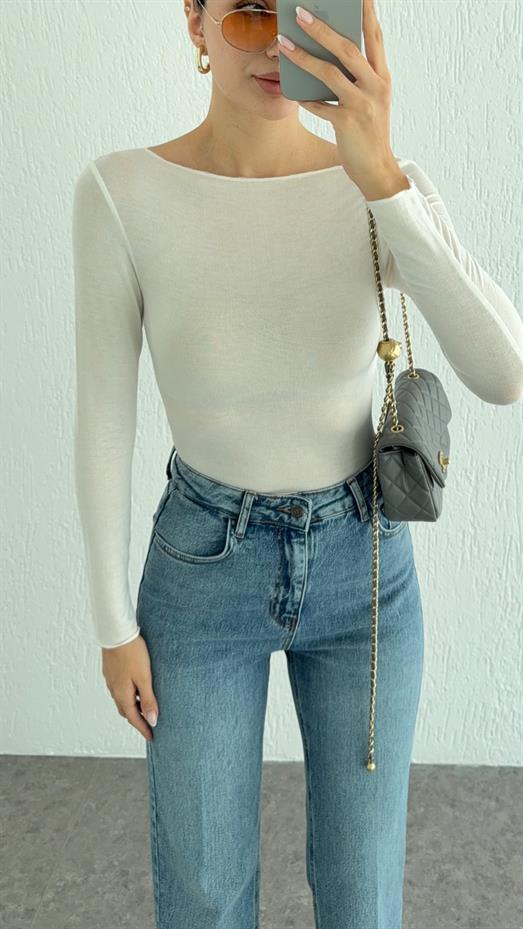 Kayık Yaka Transparan Modal Ekru Basic Bluz