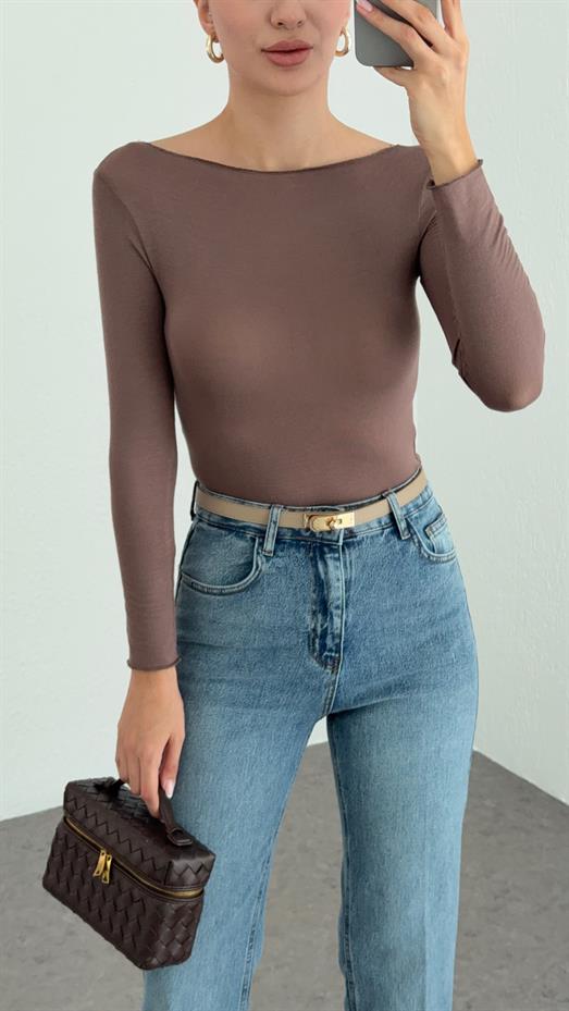 Kayık Yaka Transparan Modal Vizon Basic Bluz