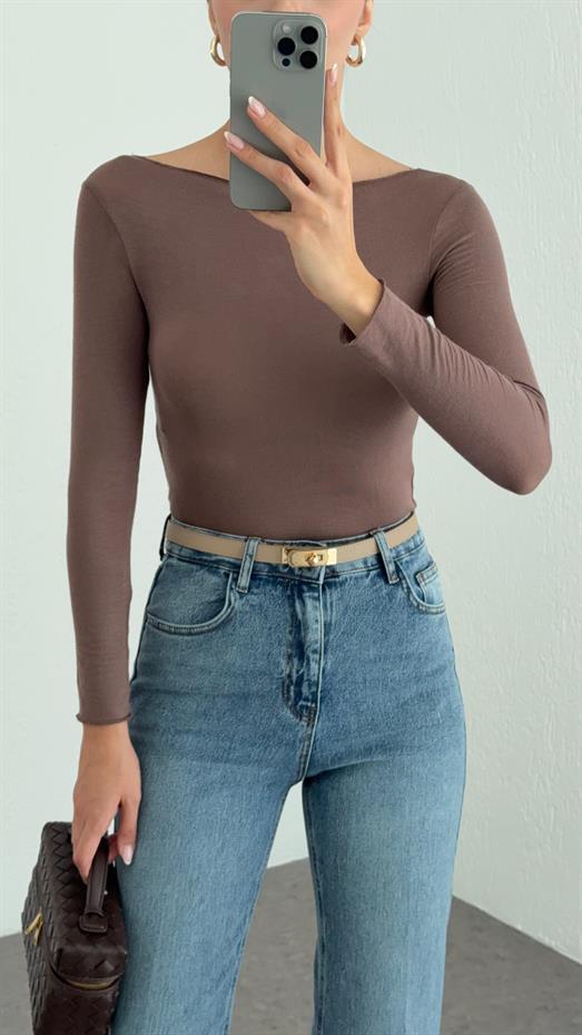 Kayık Yaka Transparan Modal Vizon Basic Bluz