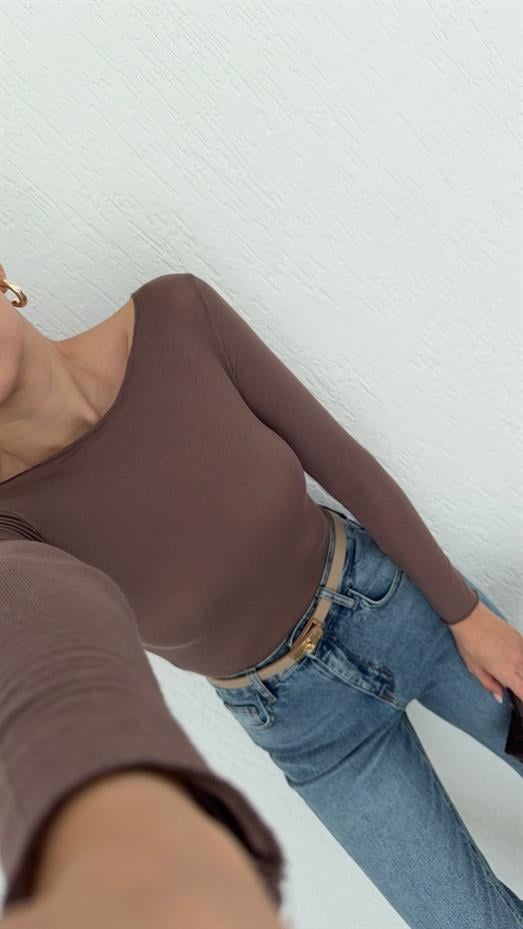 Kayık Yaka Transparan Modal Vizon Basic Bluz