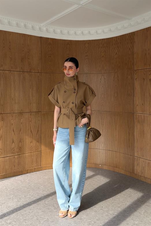 Kemerli Camel Premium Trenç Yelek