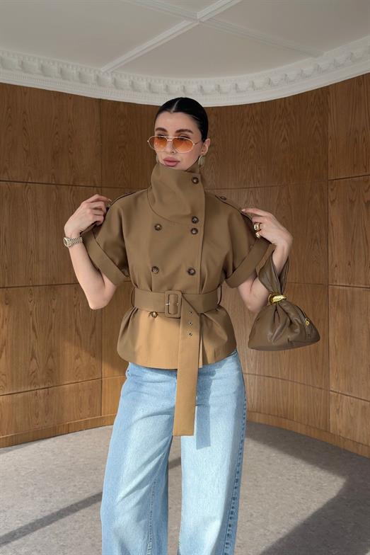 Kemerli Camel Premium Trenç Yelek