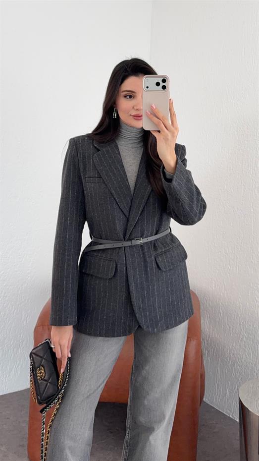 Kemerli Çizgili Kaşe Blazer