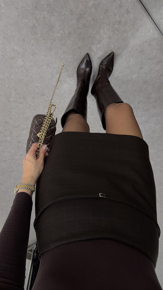 Kemerli Desenli Kahve Şort Etek