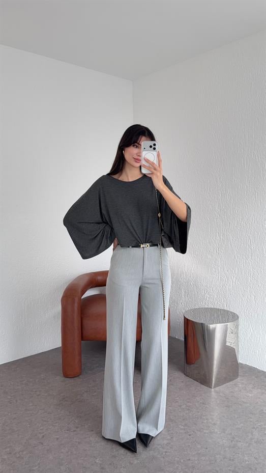 Kemerli Gri Kumaş Pantolon