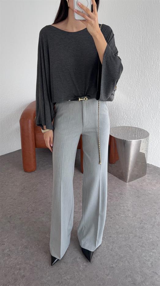 Kemerli Gri Kumaş Pantolon