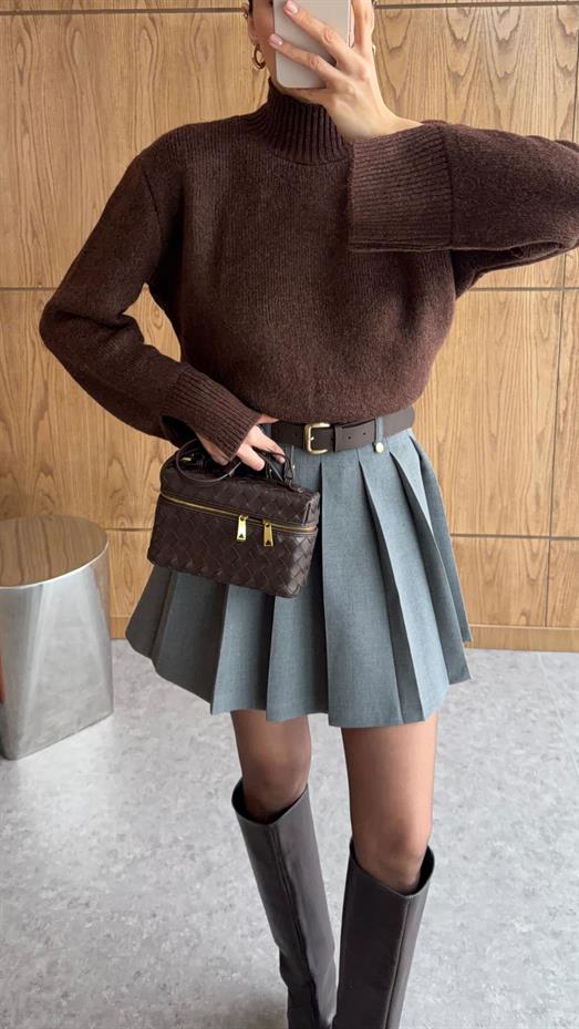 Kemerli Gri Şort Etek