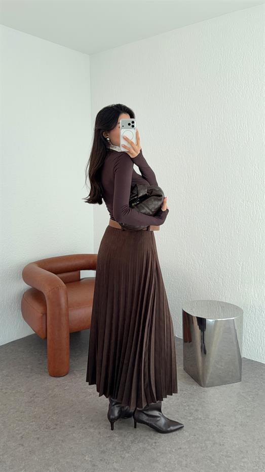 Kemerli Kahverengi Süet Etek