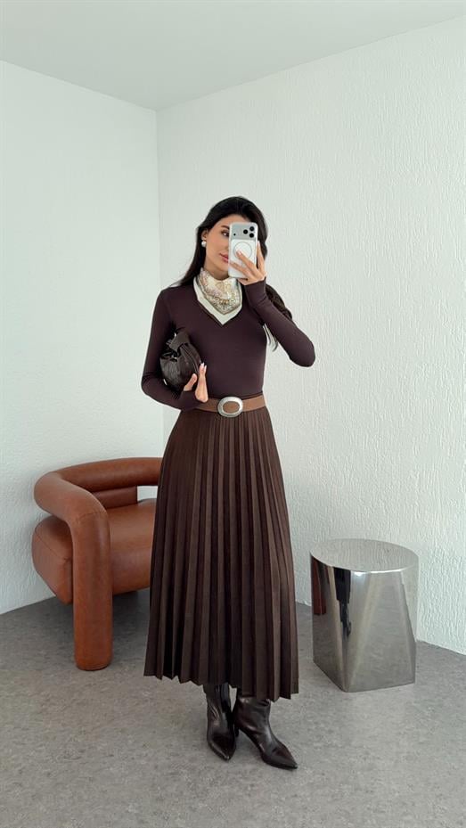 Kemerli Kahverengi Süet Etek