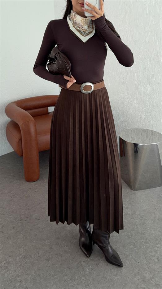 Kemerli Kahverengi Süet Etek