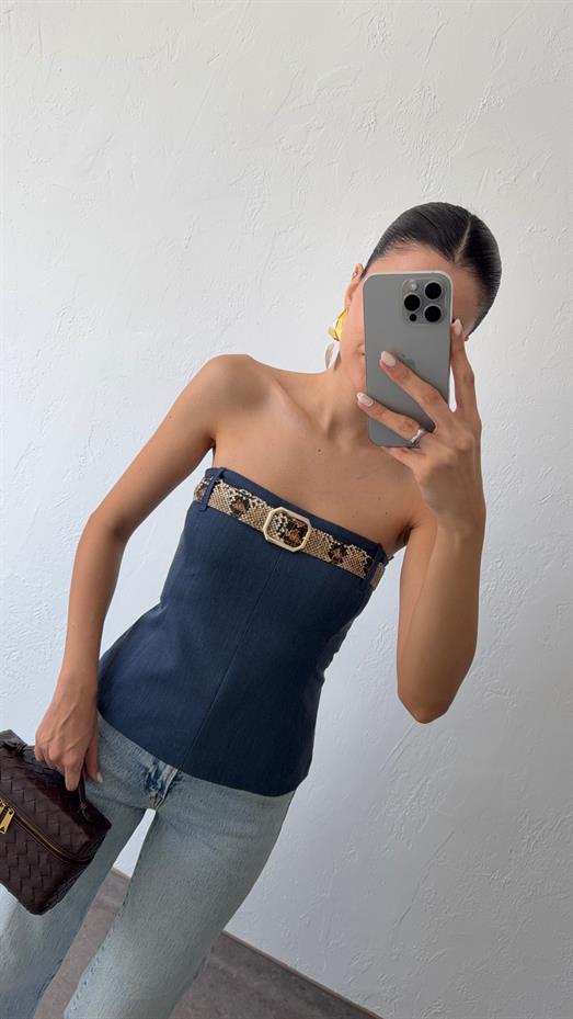 Kemerli Lacivert Bluz
