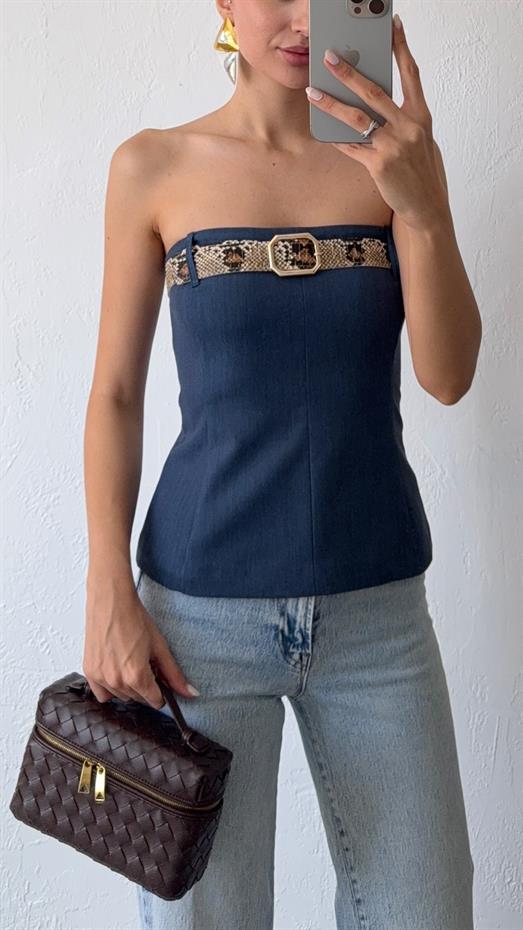 Kemerli Lacivert Bluz