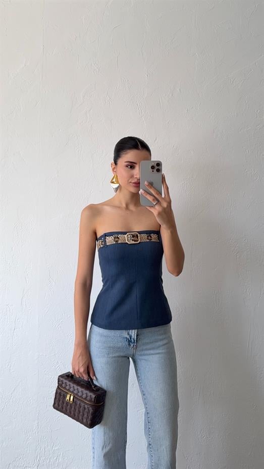 Kemerli Lacivert Bluz