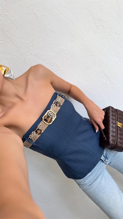 Kemerli Lacivert Bluz