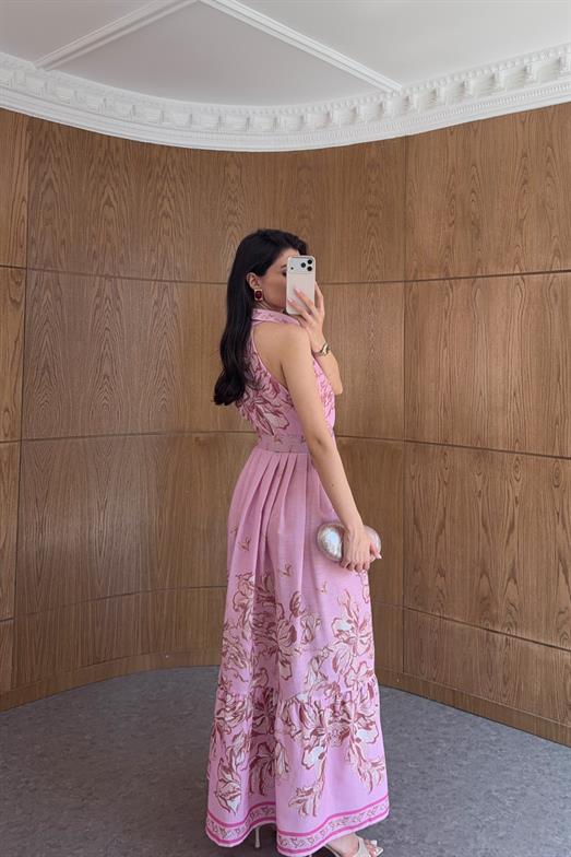 Kemerli Pembe Keten Gömlek Elbise