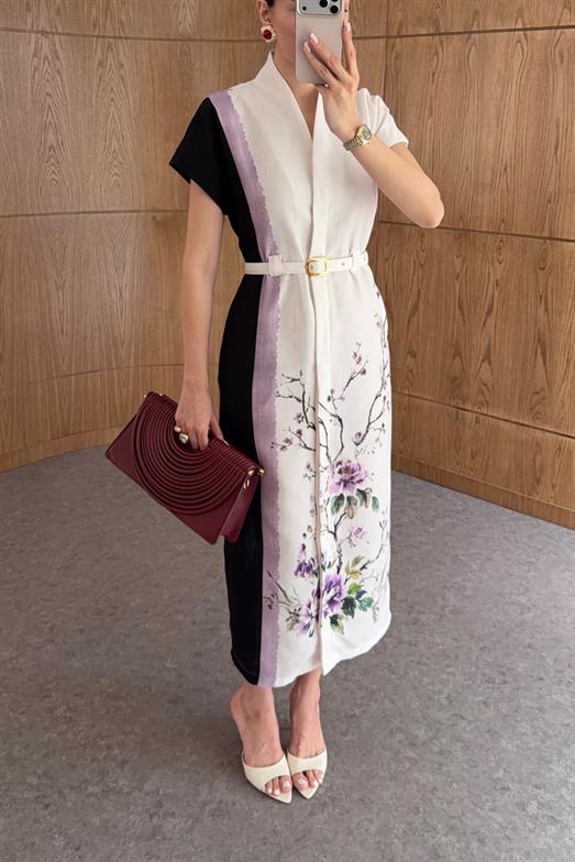 Kemerli Şakayık Kimono Elbise