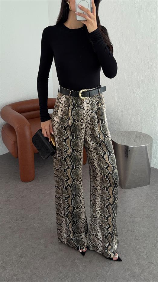 Kemerli Saten Leopar Pantolon