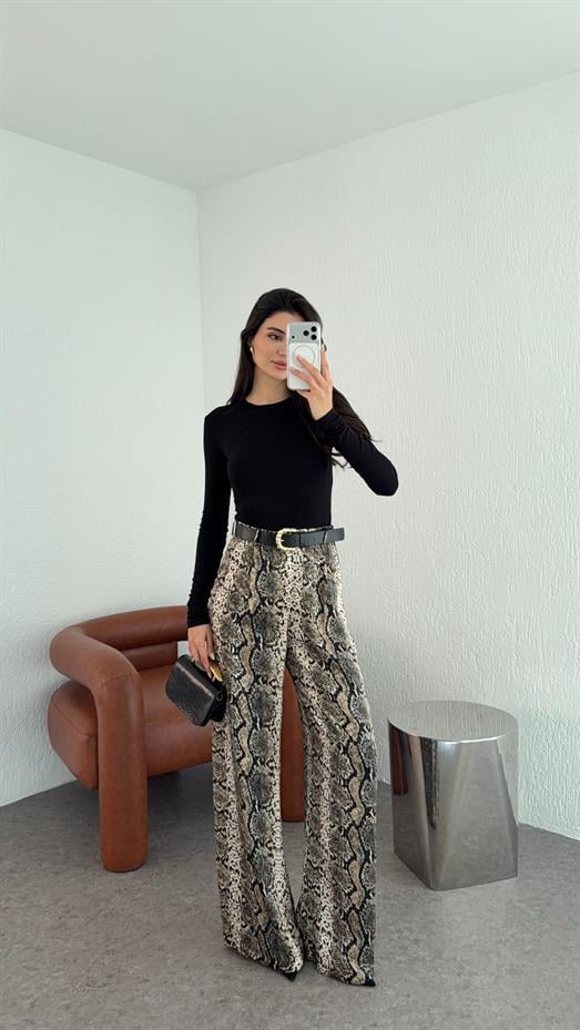 Kemerli Saten Leopar Pantolon