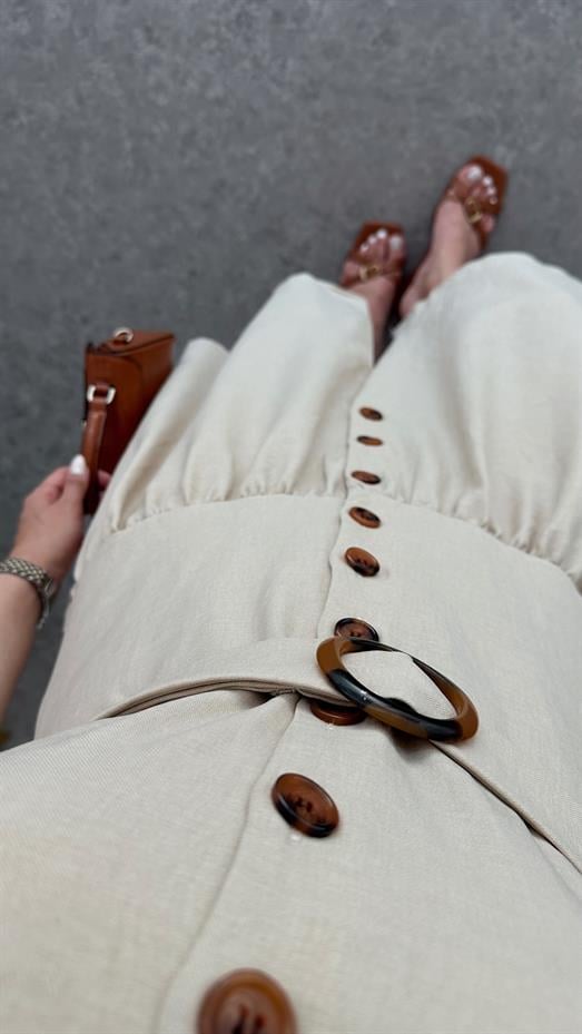 Kemerli Sıfır Kol Krem Elbise