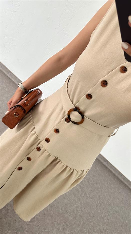 Kemerli Sıfır Kol Krem Elbise