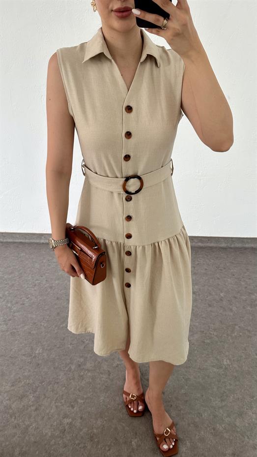 Kemerli Sıfır Kol Krem Elbise