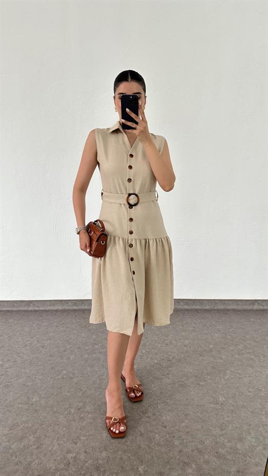 Kemerli Sıfır Kol Krem Elbise