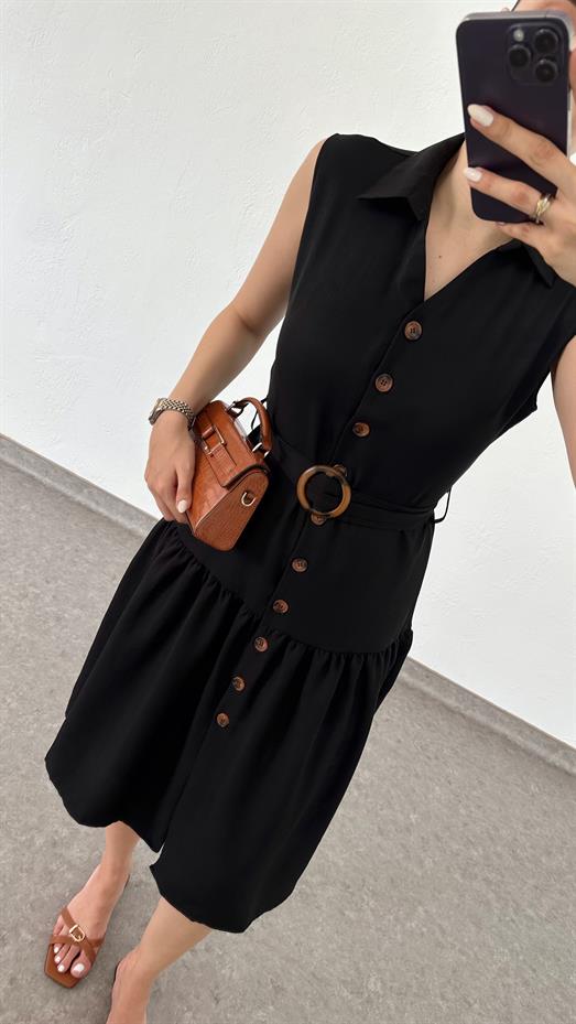 Kemerli Sıfır Kol Siyah Elbise