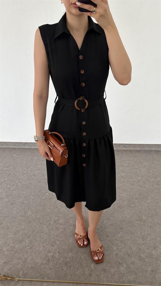 Kemerli Sıfır Kol Siyah Elbise